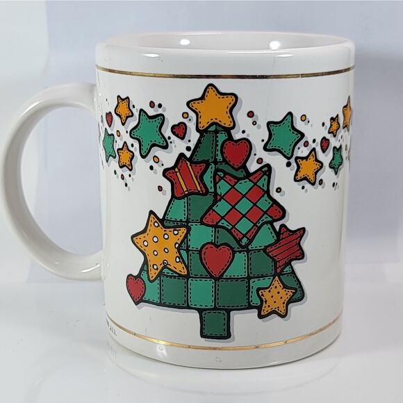 Vintage 1997 Christmas Mug JII Patchwork Tree Stars Holiday Coffee Cup - Picture 1 of 10